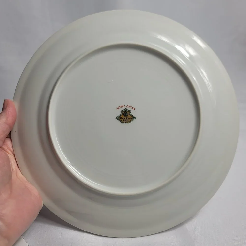 TWO Meito Keepsake Dinner Plates Ivory with Rust & Tan Scroll & Floral Rim